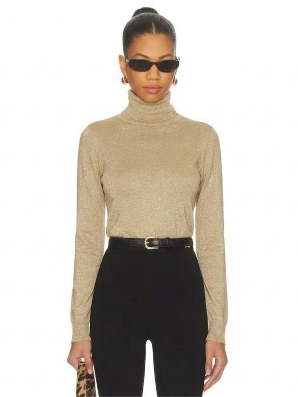 NEW Calvin Klein Metallic Gold Shimmer Turtleneck Sweater Ribbed Knit Top Small